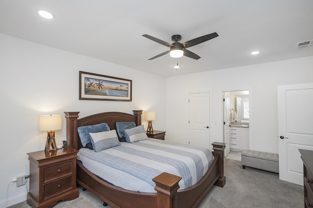 928 Tynan Way, Nolensville, TN 37135 - bedroom featuring light colored carpet, recessed lighting, ensuite bath, and ceiling fan