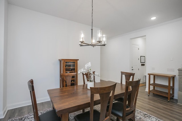 928 Tynan Way, Nolensville, TN 37135 - dining space featuring dark wood-style floors, a chandelier, baseboards, recessed lighting, and ornamental molding