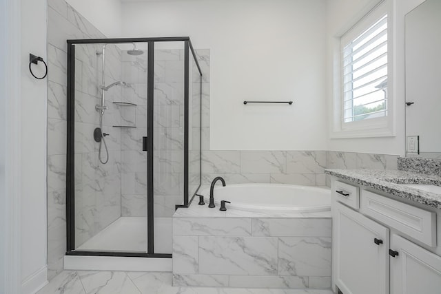 928 Tynan Way, Nolensville, TN 37135 - bathroom featuring a bath, a marble finish shower, marble look tiles, and vanity