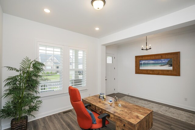 928 Tynan Way, Nolensville, TN 37135 - office area with dark wood finished floors, baseboards, plenty of natural light, a chandelier, and recessed lighting