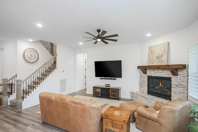 928 Tynan Way, Nolensville, TN 37135 - living area with a ceiling fan, stairs, wood finished floors, recessed lighting, and a fireplace