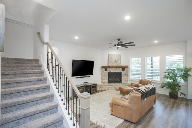 928 Tynan Way, Nolensville, TN 37135 - living room featuring ceiling fan, dark wood-type flooring, stairway, recessed lighting, and a fireplace