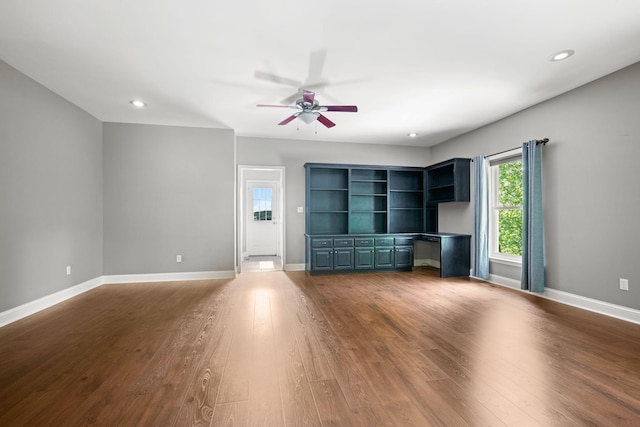 1709 Wildlife Trl, Kingston Springs, TN 37082 - unfurnished living room featuring ceiling fan, baseboards, recessed lighting, and dark wood finished floors