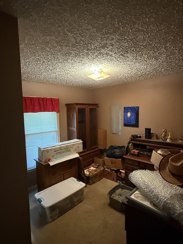 carpeted bedroom featuring a textured ceiling and electric panel