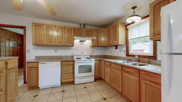 251 Old Sr 48, Centerville, TN 37033 - kitchen with white appliances, under cabinet range hood, a sink, light countertops, and light tile patterned flooring