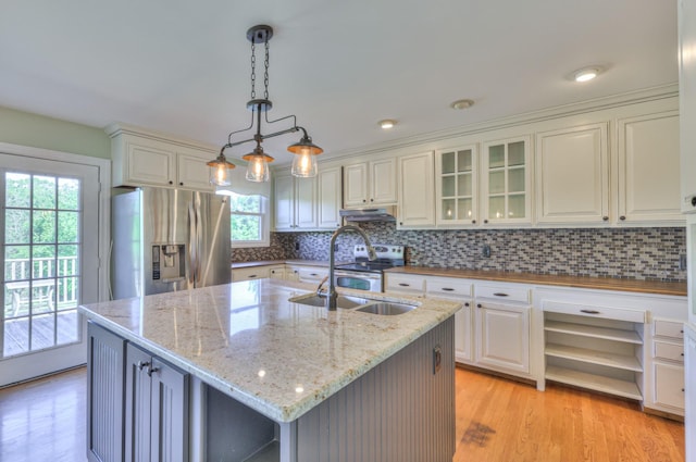 kitchen with appliances with stainless steel finishes, under cabinet range hood, healthy amount of natural light, and light wood-style flooring