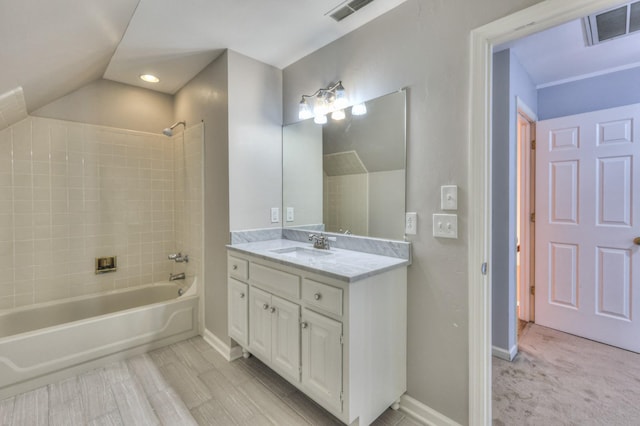 full bathroom with shower / washtub combination, baseboards, vanity, and recessed lighting