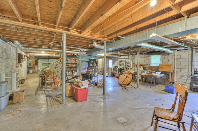 unfinished below grade area featuring electric panel and concrete block wall