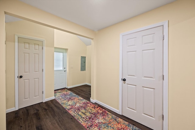 entrance foyer featuring electric panel, dark wood finished floors, and baseboards