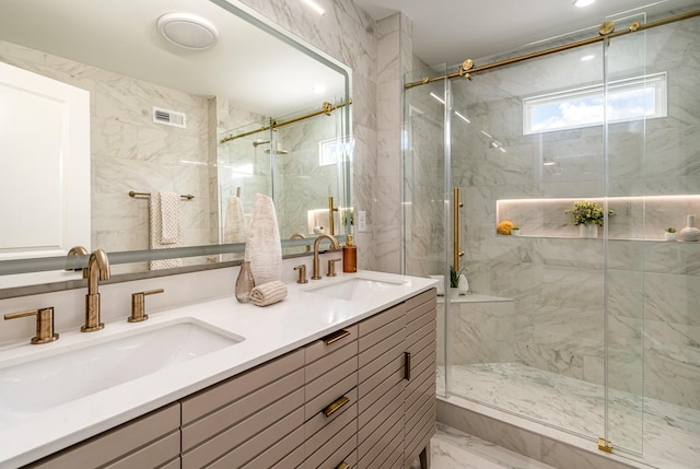 95 Short Dr, Mount Juliet, TN 37122 - bathroom with marble finish flooring, a marble finish shower, and double vanity