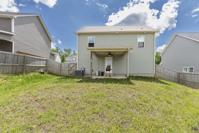rear view of property featuring a ceiling fan, a patio, and central air condition unit