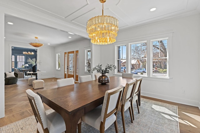 dining area with a chandelier, baseboards, ornamental molding, coffered ceiling, and recessed lighting