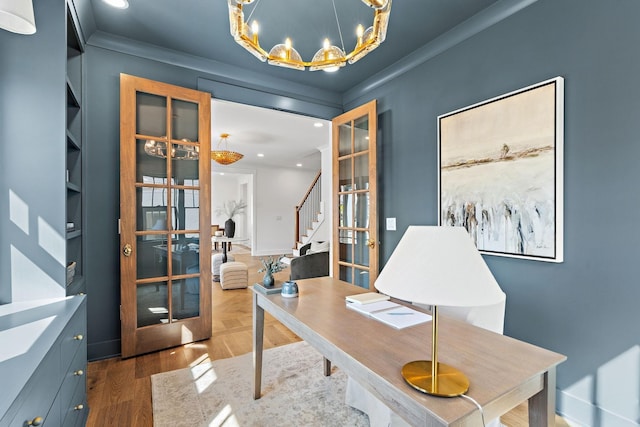 home office with a chandelier, recessed lighting, french doors, ornamental molding, and baseboards