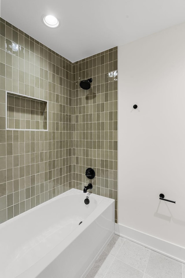 bathroom with  shower combination, baseboards, recessed lighting, and tile patterned flooring
