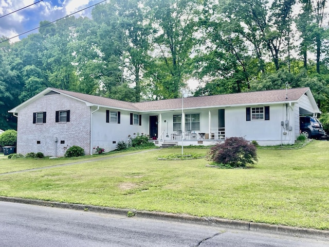 ranch-style home with a porch, a front yard, and crawl space
