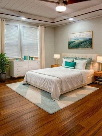 bedroom featuring wood finished floors and ceiling fan