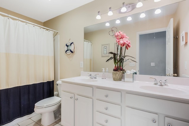 248 Stonehaven Cir, Franklin, TN 37064 - bathroom featuring toilet, tile patterned floors, double vanity, and a shower with curtain