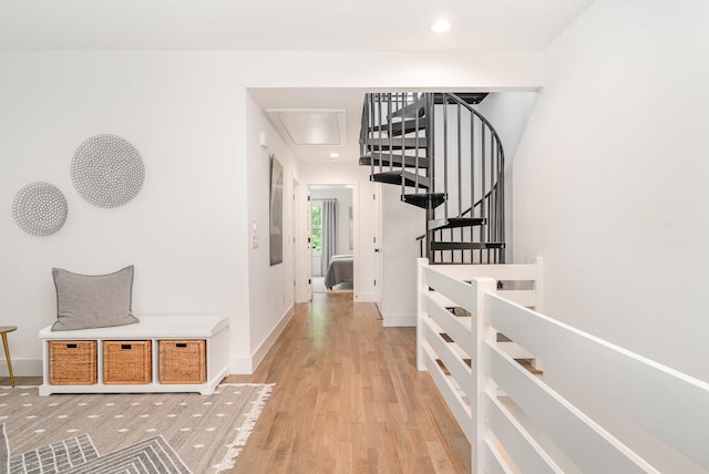 1411A Boscobel St, Nashville, TN 37206 - hallway with light wood-style floors, attic access, baseboards, recessed lighting, and stairway