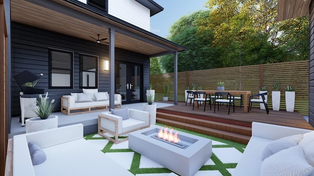 1411A Boscobel St, Nashville, TN 37206 - view of patio / terrace with french doors, outdoor dining area, an outdoor living space with a fire pit, and a wooden deck