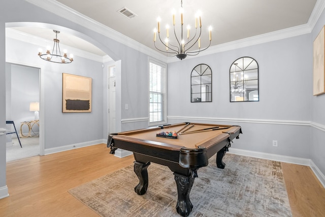 1113 Chickadee Cir, Hermitage, TN 37076 - recreation room featuring a chandelier, arched walkways, light wood-style flooring, ornamental molding, and billiards table