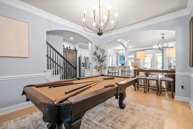 1113 Chickadee Cir, Hermitage, TN 37076 - recreation room featuring a chandelier, crown molding, light wood-type flooring, arched walkways, and billiards table