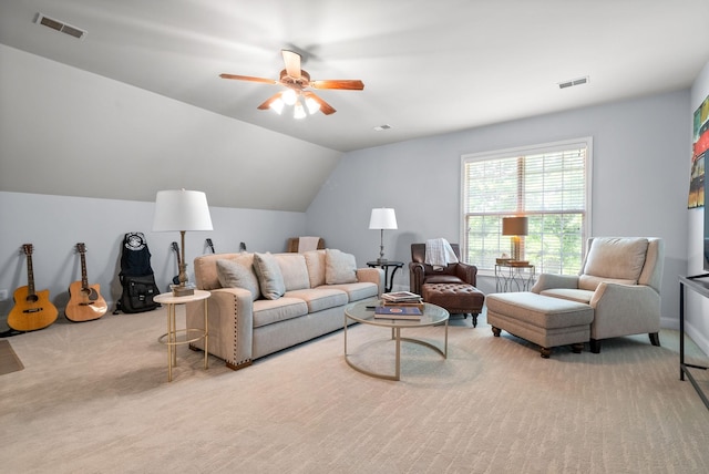 1113 Chickadee Cir, Hermitage, TN 37076 - living area featuring carpet, a ceiling fan, and vaulted ceiling