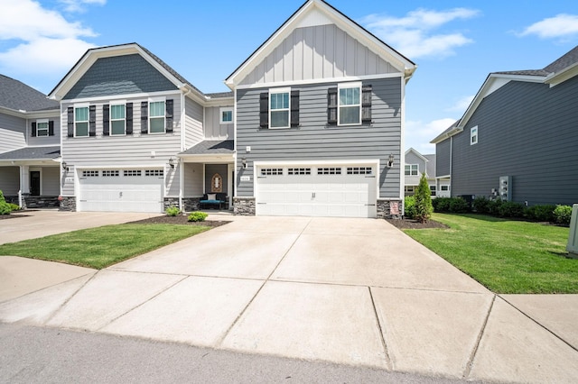 1626 Calcutta Dr, Murfreesboro, TN 37128 - craftsman house with board and batten siding, stone siding, a garage, and a front lawn
