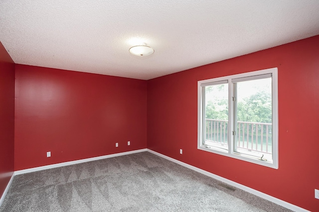 spare room with carpet flooring, a textured ceiling, and baseboards