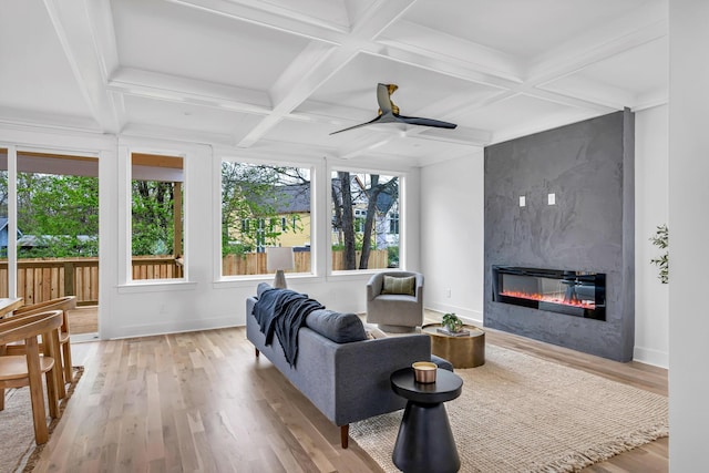 603B Freedom Ct, Nashville, TN 37209 - living room with plenty of natural light, a fireplace, light wood finished floors, coffered ceiling, and beamed ceiling