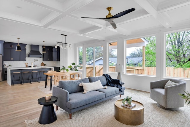 603B Freedom Ct, Nashville, TN 37209 - living room with coffered ceiling, light wood-style flooring, a ceiling fan, beamed ceiling, and a chandelier
