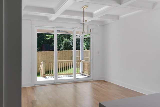 6401 Thunderbird Dr, Nashville, TN 37209 - unfurnished dining area with coffered ceiling, wood finished floors, a ceiling fan, baseboards, and beam ceiling