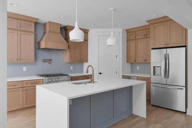 6401 Thunderbird Dr, Nashville, TN 37209 - kitchen with stainless steel fridge, a sink, custom exhaust hood, tasteful backsplash, and light countertops