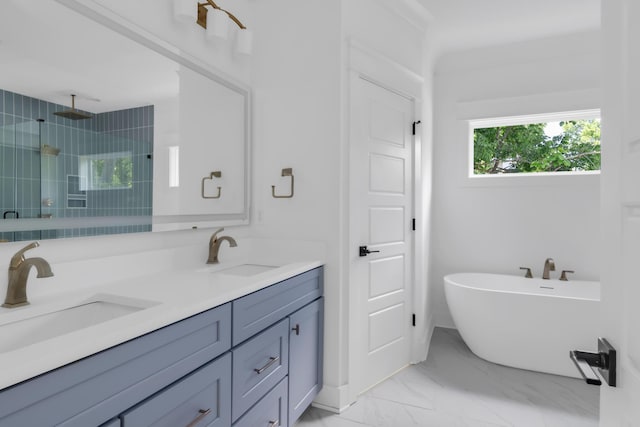 6401 Thunderbird Dr, Nashville, TN 37209 - full bath featuring a tile shower, marble finish floors, double vanity, and a soaking tub