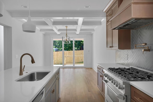6401 Thunderbird Dr, Nashville, TN 37209 - kitchen with stainless steel appliances, a sink, backsplash, light countertops, and beamed ceiling