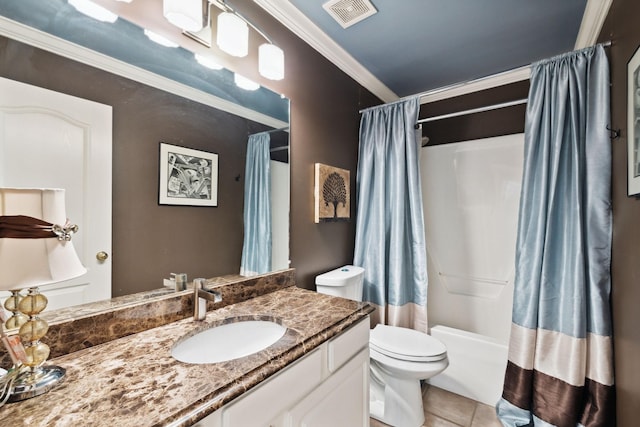 full bathroom featuring toilet, crown molding, vanity, and tile patterned floors