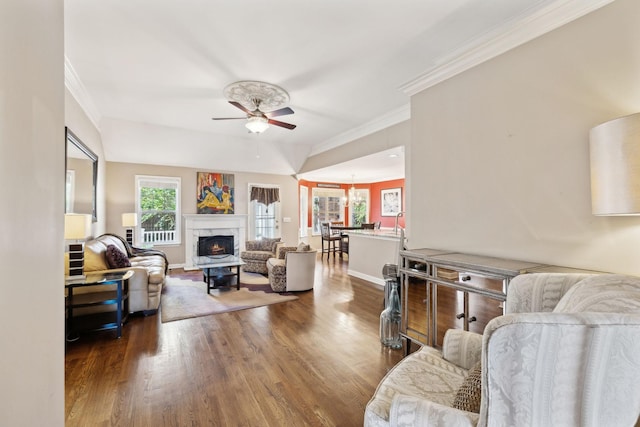 living area featuring ceiling fan, dark wood-style flooring, a premium fireplace, ornamental molding, and baseboards