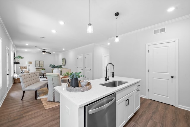 272 Kildeer Dr, Clarksville, TN 37040 - kitchen with a sink, stainless steel dishwasher, ornamental molding, ceiling fan, and recessed lighting