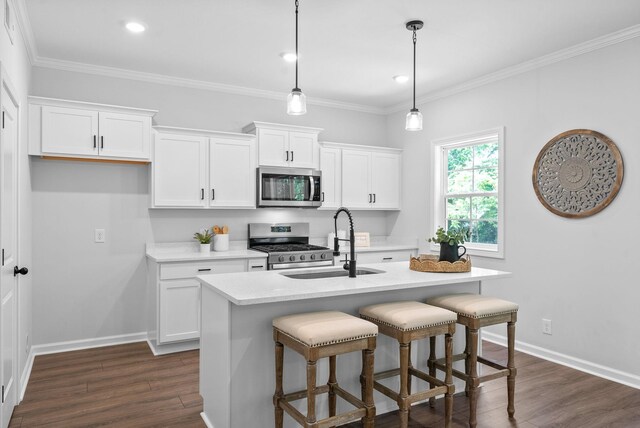 272 Kildeer Dr, Clarksville, TN 37040 - kitchen with stainless steel appliances, a sink, dark wood-style flooring, white cabinetry, and ornamental molding