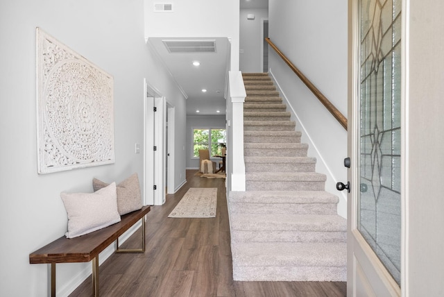 272 Kildeer Dr, Clarksville, TN 37040 - entryway with dark wood-style flooring, stairway, recessed lighting, and baseboards