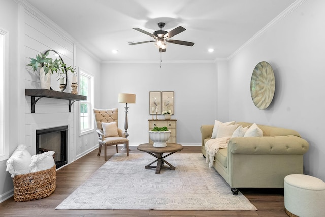 272 Kildeer Dr, Clarksville, TN 37040 - living room with ornamental molding, dark wood finished floors, a large fireplace, recessed lighting, and baseboards