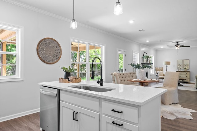 272 Kildeer Dr, Clarksville, TN 37040 - kitchen featuring a sink, stainless steel dishwasher, open floor plan, pendant lighting, and dark wood-type flooring