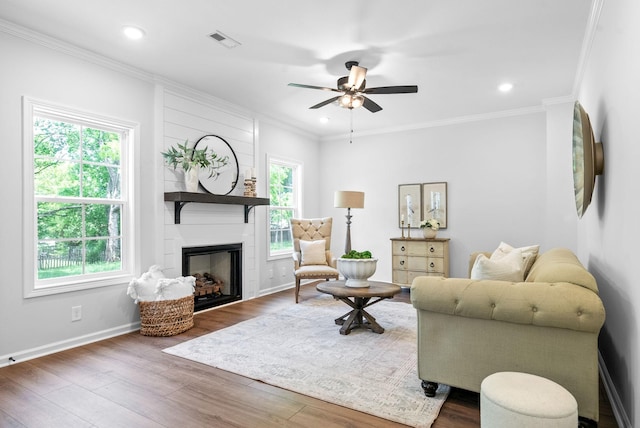 272 Kildeer Dr, Clarksville, TN 37040 - living room with wood finished floors, a fireplace, baseboards, a ceiling fan, and ornamental molding