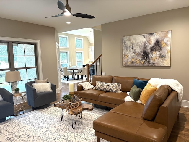 1611 Martha Washington Way, Murfreesboro, TN 37130 - living room with ceiling fan, wood finished floors, baseboards, stairway, and recessed lighting