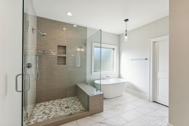 1611 Martha Washington Way, Murfreesboro, TN 37130 - full bath featuring a stall shower, marble look tile flooring, a freestanding tub, recessed lighting, and baseboards