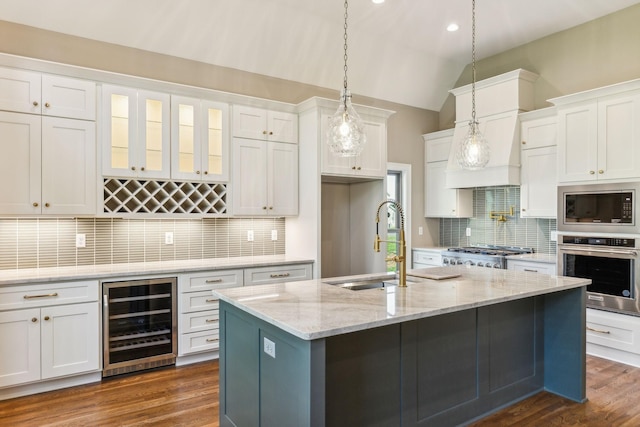 1611 Martha Washington Way, Murfreesboro, TN 37130 - kitchen featuring stainless steel appliances, wine cooler, a sink, decorative backsplash, and white cabinetry