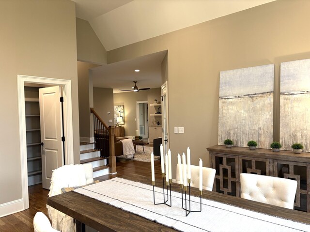 1611 Martha Washington Way, Murfreesboro, TN 37130 - dining area featuring dark wood-style floors, stairway, ceiling fan, baseboards, and lofted ceiling
