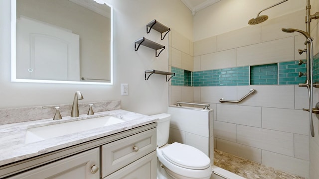 4050 Oak Pointe Dr, Pleasant View, TN 37146 - bathroom with a walk in shower, toilet, vanity, and crown molding