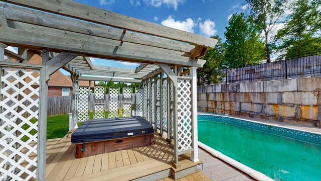 4050 Oak Pointe Dr, Pleasant View, TN 37146 - view of swimming pool featuring a deck, a covered hot tub, and a fenced backyard
