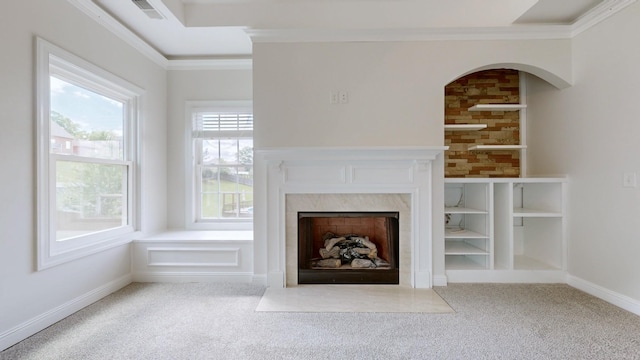 4050 Oak Pointe Dr, Pleasant View, TN 37146 - unfurnished living room with carpet flooring, a premium fireplace, crown molding, and baseboards