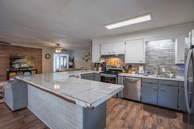 960 Knob Creek Rd, Lawrenceburg, TN 38464 - kitchen with a sink, appliances with stainless steel finishes, a peninsula, under cabinet range hood, and tasteful backsplash